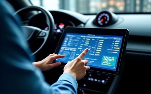 A highly trained technician using a modern, advanced vehicle diagnostic computer to analyze car performance.
