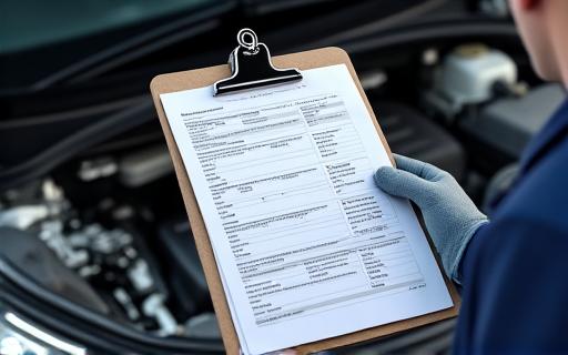 A mechanic’s hand holding a detailed inspection clipboard next to an open car hood, ready to assess the vehicle.
