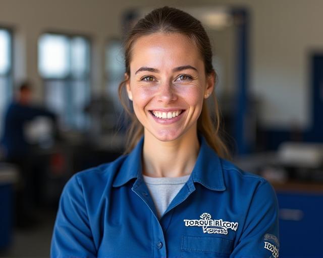 A friendly and professional technician from Torque Bloom Motors smiling, embodying trust and expertise.